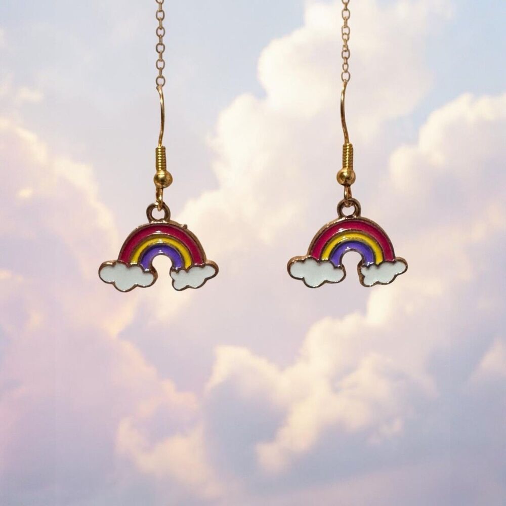 Enamel Rainbow and Clouds Charm on 10kt Gold Earrings #2224